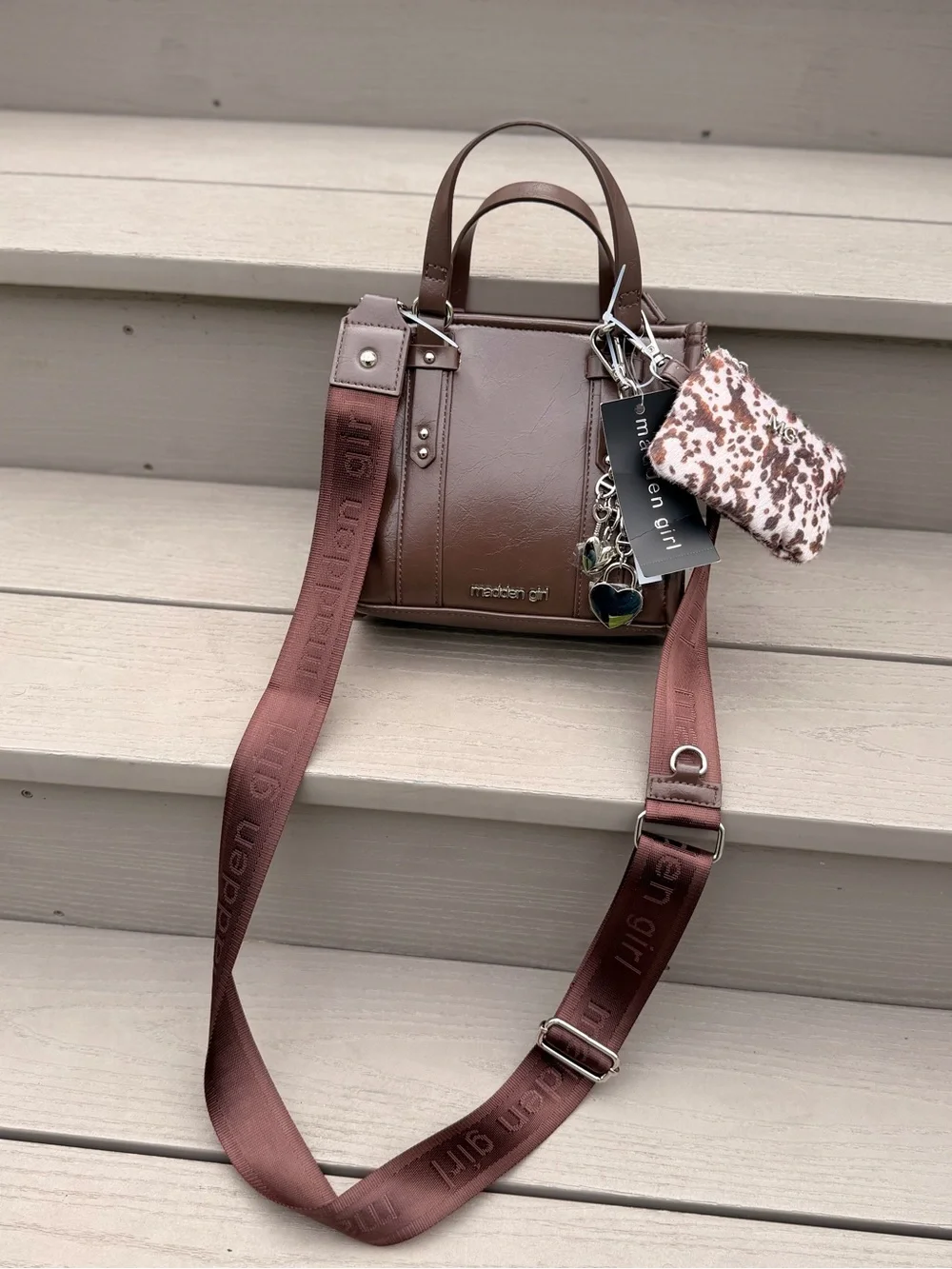 Madden Girl Brown Satchel Crossbody Bag with Branded Strap & Animal Print Pouch